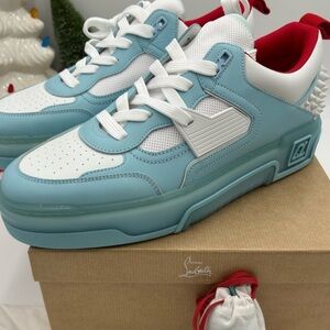 Christian Louboutin Mens Astroloubi leather trim Light Blue and White Sneakers.